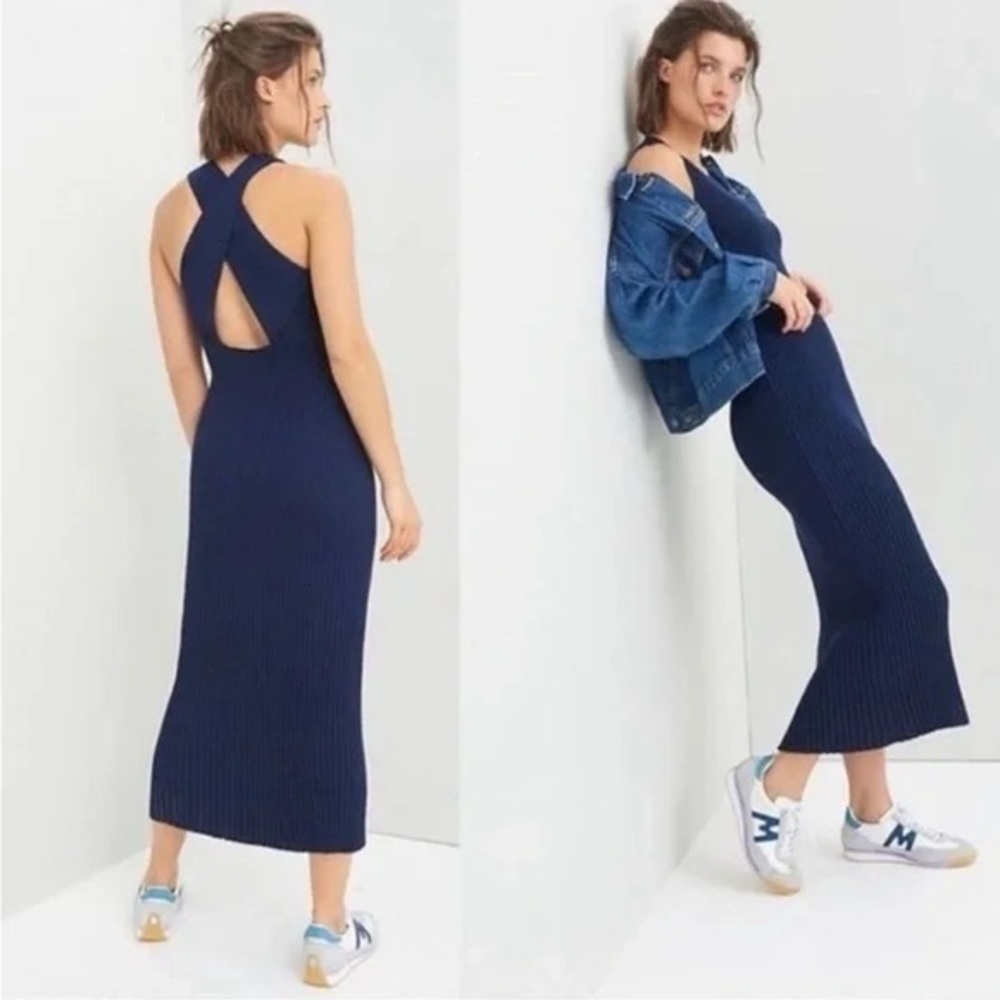 Saturday Sunday by Anthropologie navy ribbed cross back bodycon midi dress XS